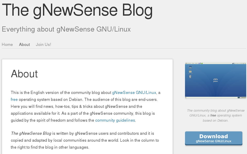 Screenshot of the gNewSense blog on its first day of publication