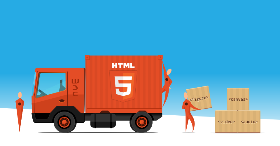 Illustration. Some workers download HTML5 elements from a delivery truck.