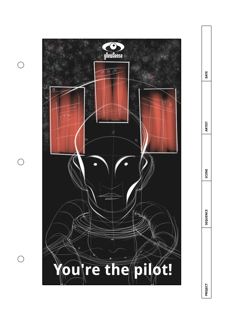 Illustration. A pilot in a cockpit gazing at the viewer.