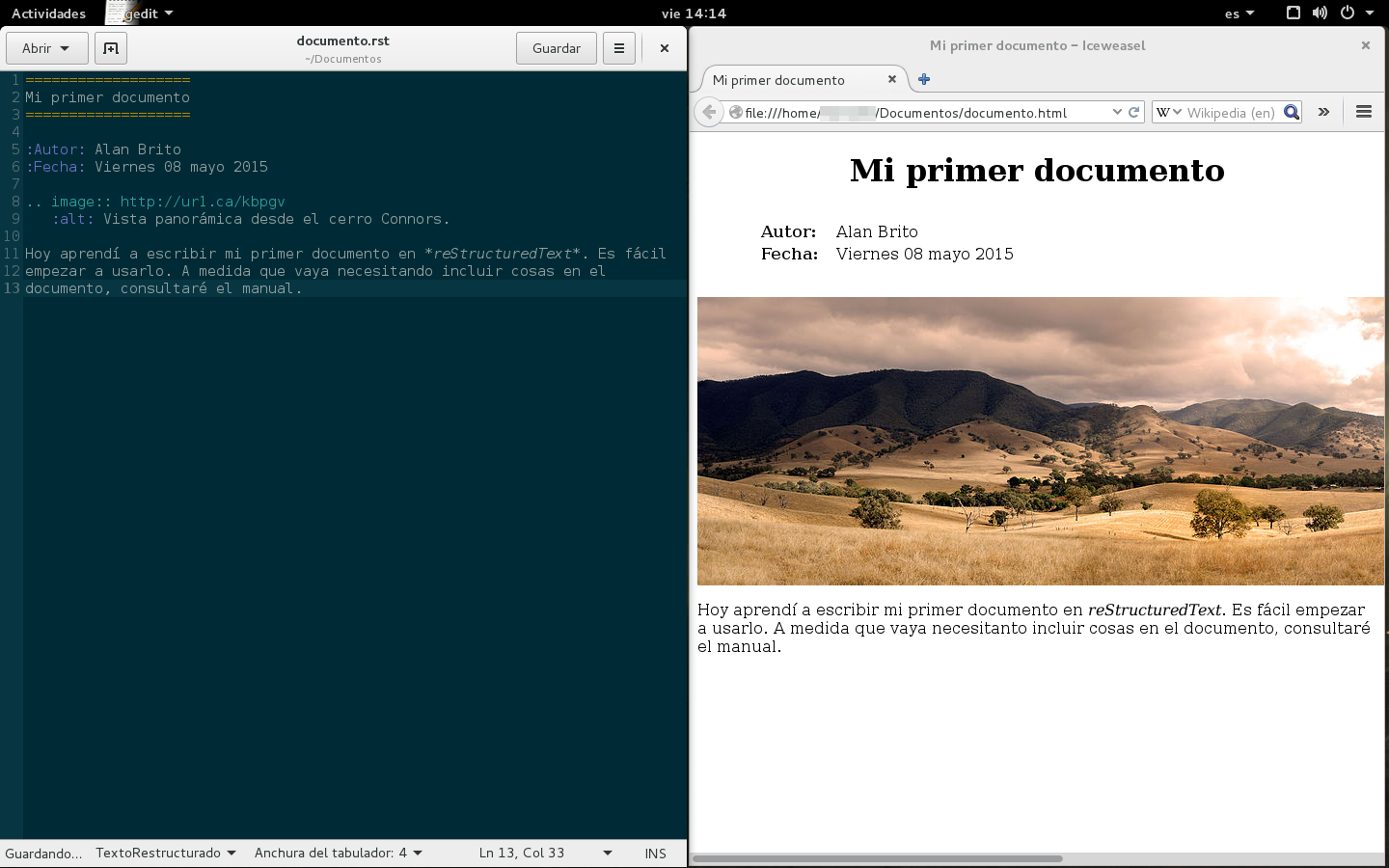 Figura 1. A la izquierda, un documento fuente escrito en reStructuredText en el editor gedit. A la derecha, el documento HTML resultante creado con rst2html y visto en un navegador Web.