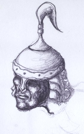 Head of an imaginary warrior (pen on paper).