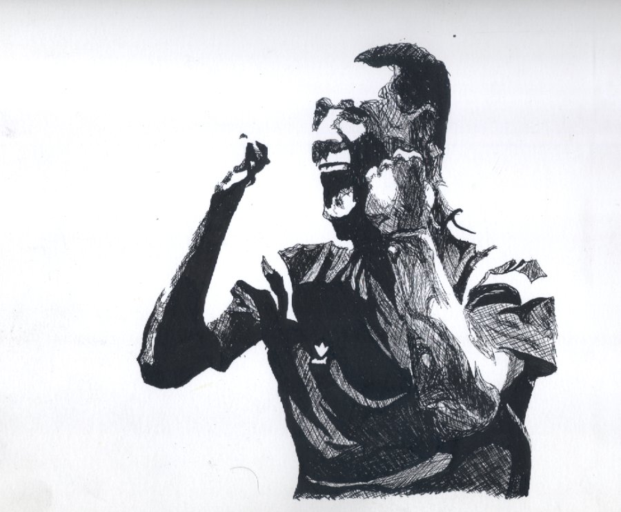 Fredy Rincón celebrates an important goal in the match between Colombia and Germany for the 1990 FIFA World Cup in Italy (Chinese ink on guarro paper. From someone's photograph).