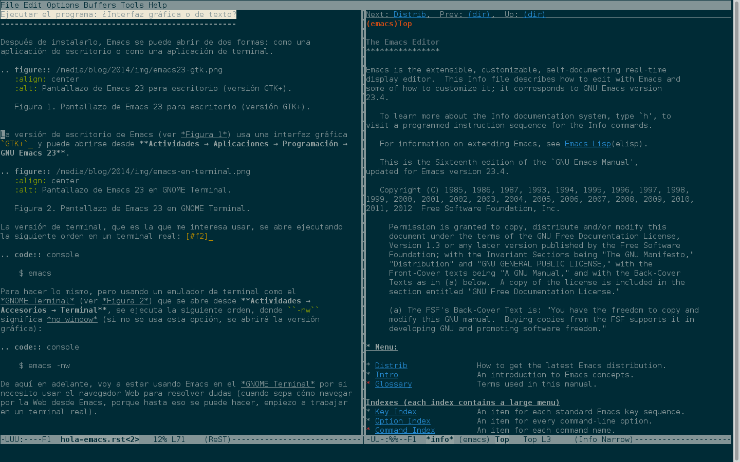 Pantallazo de Emacs 23 en GNOME Terminal.