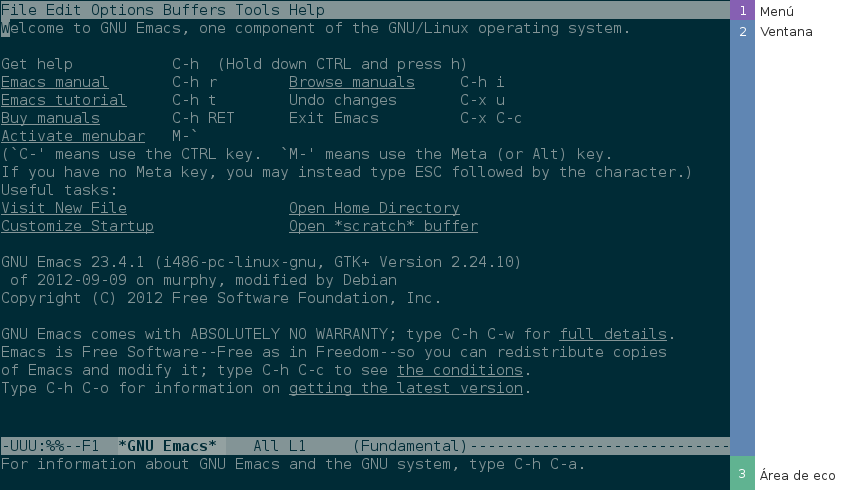 Áreas principales de un marco de Emacs en GNOME Terminal.