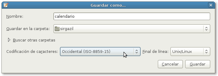 Selección de codificación de caracteres en gedit.