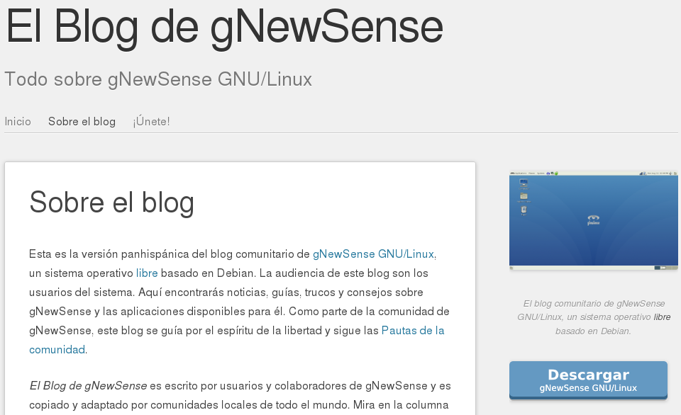 Pantallazo del blog de gNewSense a la fecha su publicación