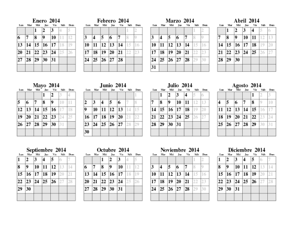 Calendario de 2014 en una sola página