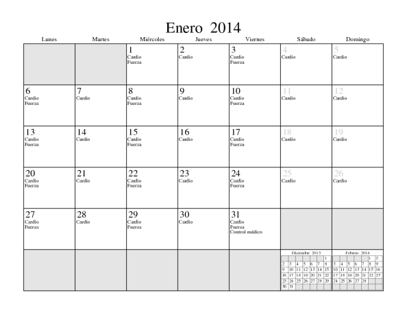 Página de enero de 2014 con eventos diarios.