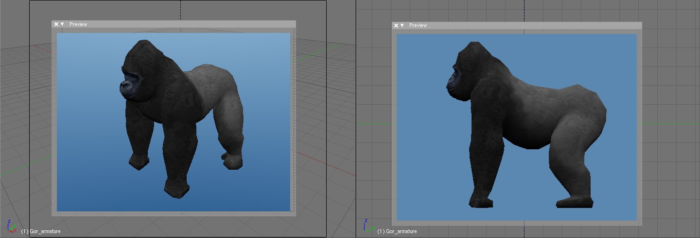 Gorila 3D visto desde las cámaras de Blender.