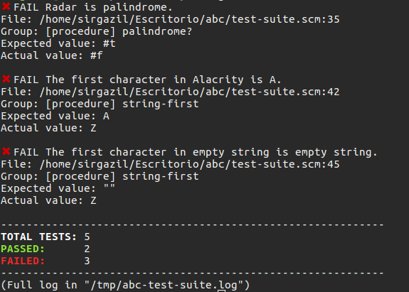 Resultados de las pruebas en un terminal.